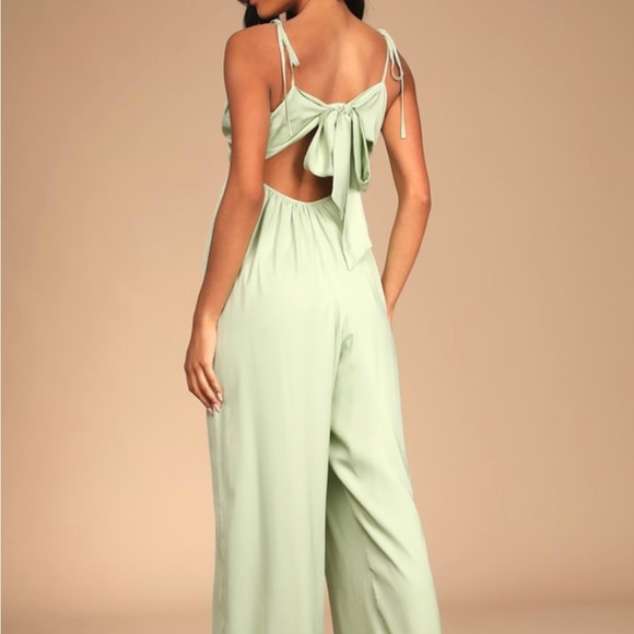 Lulus Confidence Check Sage Green Satin Tie-Back Jumpsuit - Picture 5 of 5